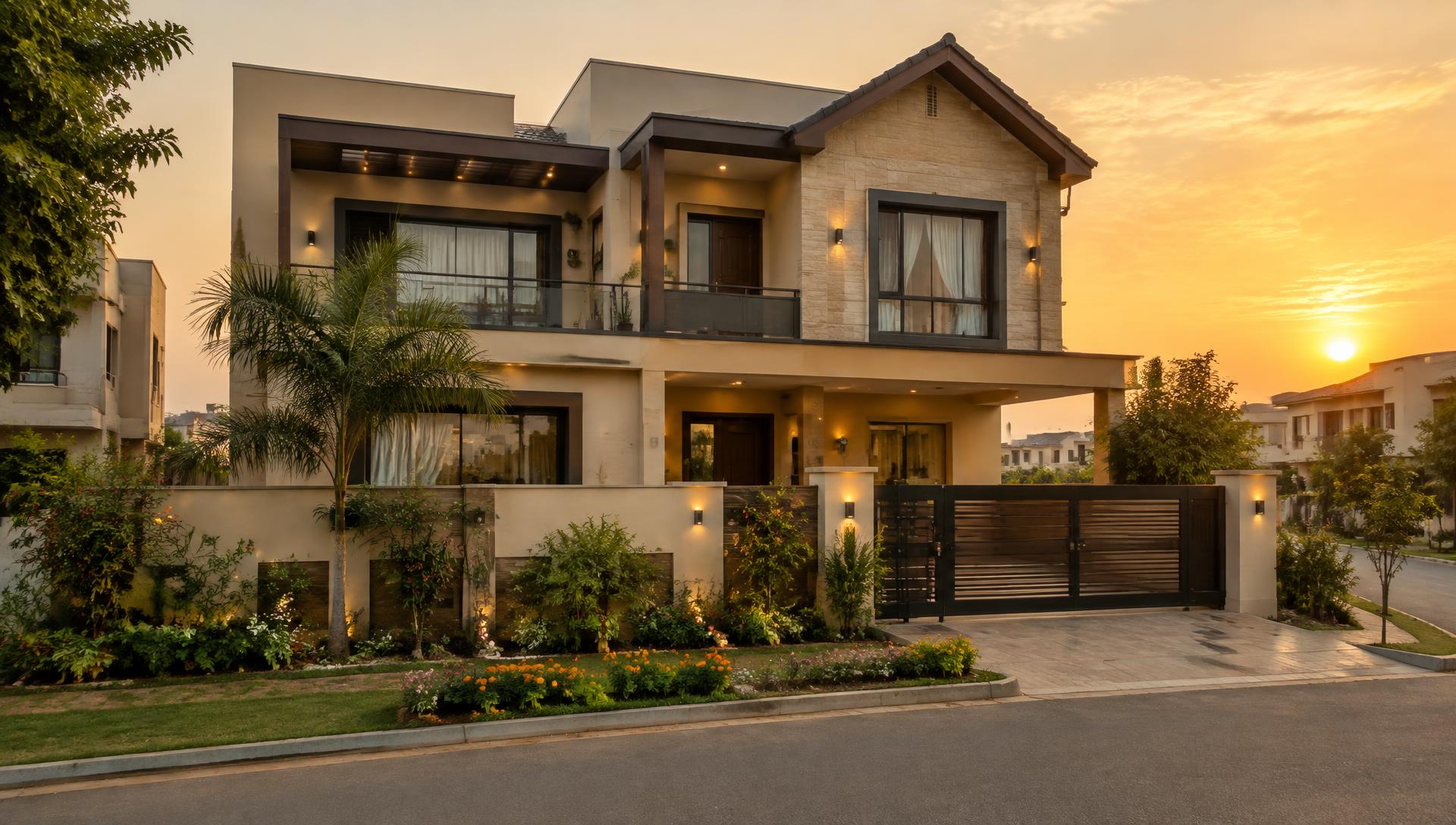 Contemporary two-storey family house in a Lahore housing society at sunset